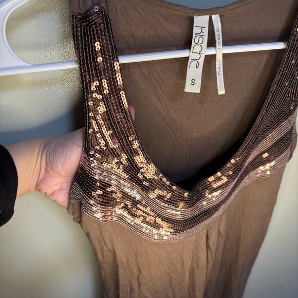 Kische Brown Sequin Scoopneck Tank Top Small Y2K Sleeveless Soft Neutral Boho - Picture 6 of 9